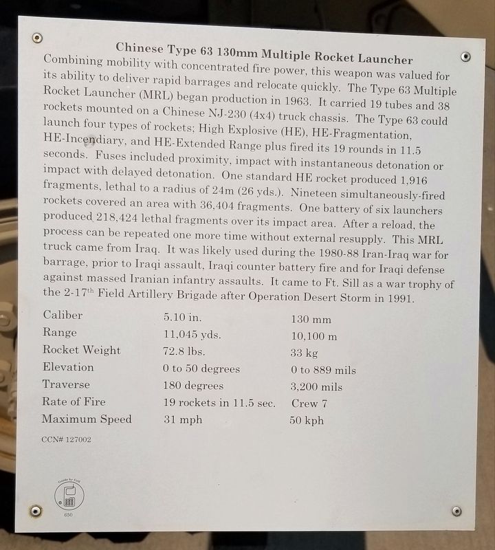 Chinese Type 63 130mm Multiple Rocket Launcher Marker image. Click for full size.