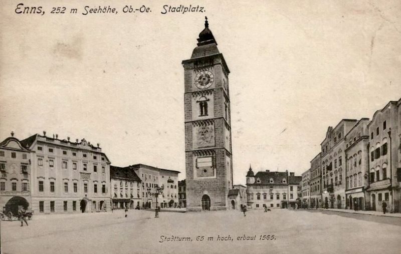 Postcard view of Enns main square and city tower with marker visible image. Click for full size.