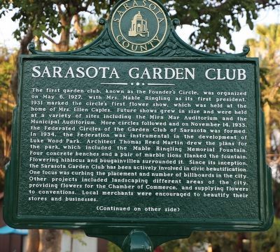 Sarasota Garden Club Marker, Side One image. Click for full size.