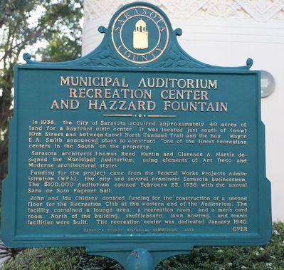 Municipal Auditorium Recreation Center and Hazzard Fountain Marker, Side One. Click for full size. Municipal Auditorium Recreation Center and Hazzard Fountain Marker, Side One image. Click for full size.