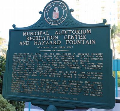 Municipal Auditorium Recreation Center and Hazzard Fountain Marker, Side Two. Click for full size. Municipal Auditorium Recreation Center and Hazzard Fountain Marker, Side Two image. Click for full size.
