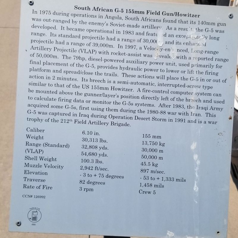 South African G-5 155mm Field Gun/Howitzer Marker image. Click for full size.