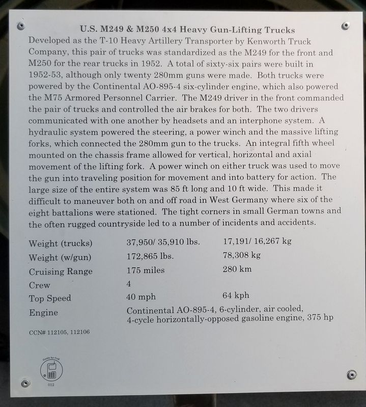 U.S. M249 & M250 4x4 Heavy Gun-Lifting Trucks Marker. Click for full size. U.S. M249 & M250 4x4 Heavy Gun-Lifting Trucks Marker image. Click for full size.
