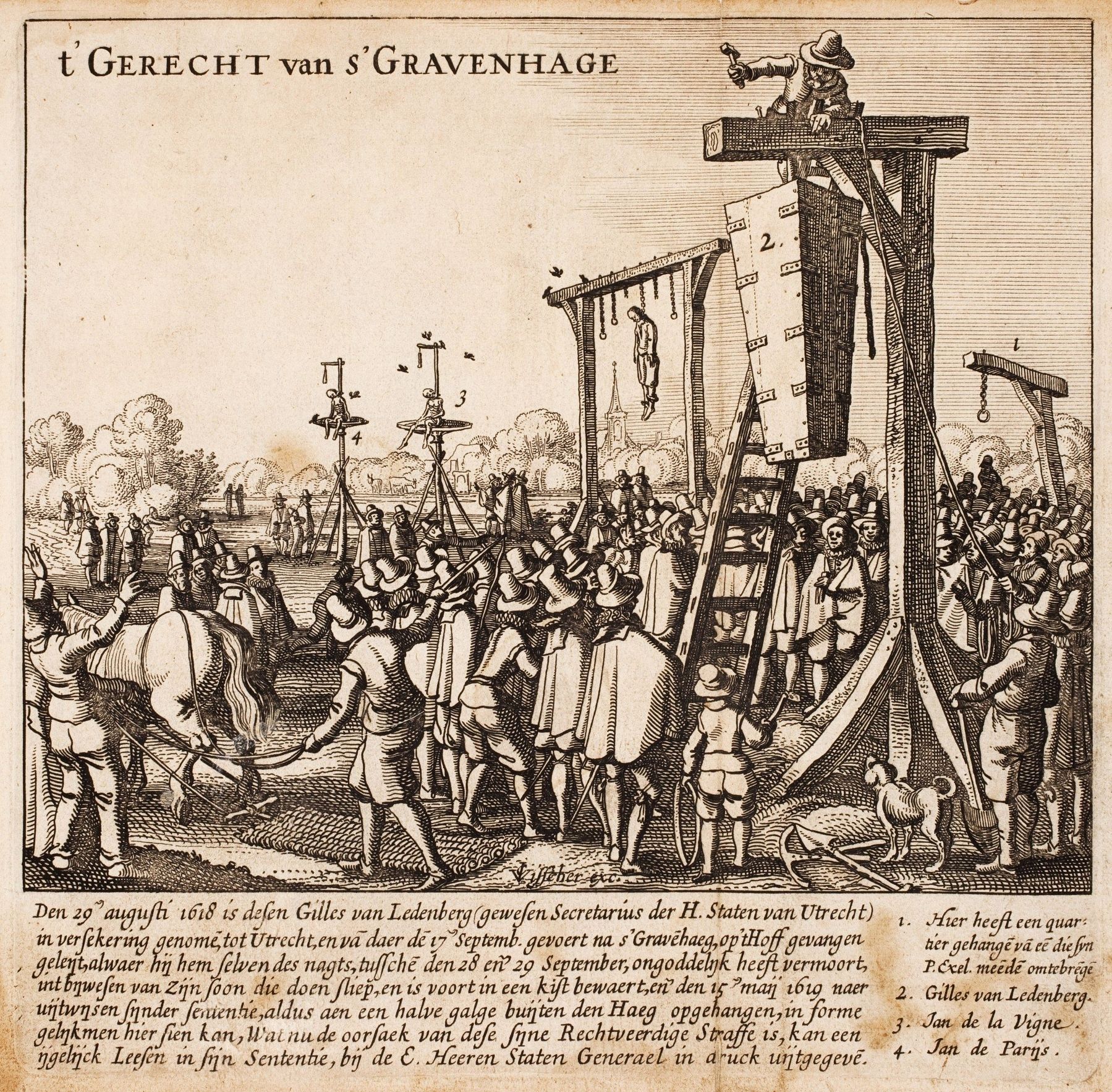 Posthumous hanging of Gillis van Leedenberg, secretary of the States of Utrecht image. Click for full size.