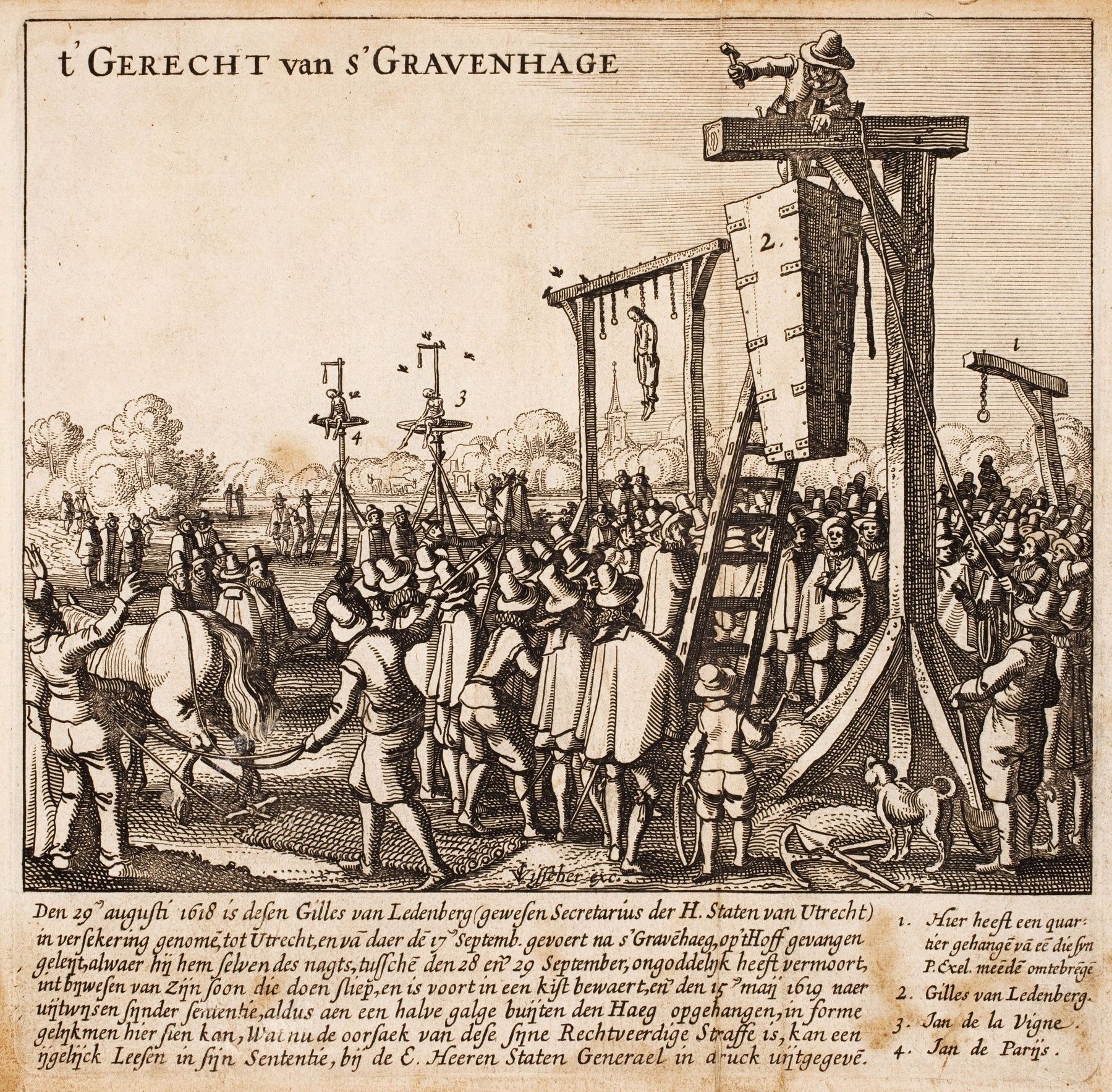 Posthumous hanging of Gillis van Leedenberg, secretary of the States of Utrecht. Click for full size. Posthumous hanging of Gillis van Leedenberg, secretary of the States of Utrecht image. Click for full size.
