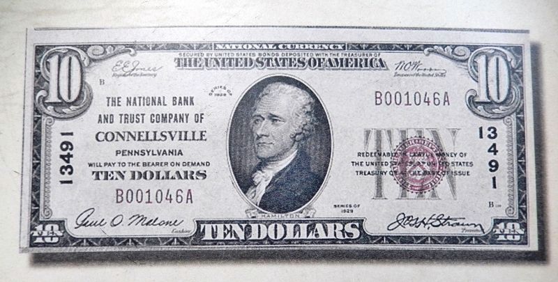 Marker detail: Currency printed in Connellsville image. Click for full size.