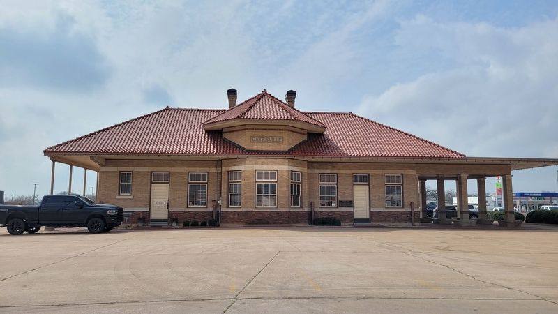 The view of the Cotton Belt Depot and Marker from the parking lot image. Click for full size.