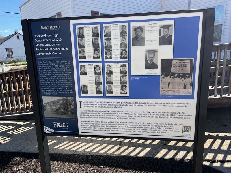 Walker-Grant High School Class of 1950 Stages Graduation Protest at Fredericksburg Community Center Marker. Click for full size. Walker-Grant High School Class of 1950 Stages Graduation Protest at Fredericksburg Community Center Marker image. Click for full size.