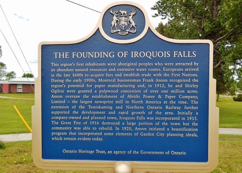 The Founding of Iroquois Falls Marker<br>(<i>south side  English</i>) image. Click for full size.