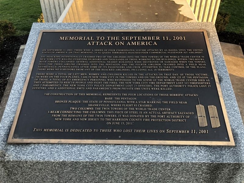 Memorial to the September 11, 2001 Attack on America Marker image. Click for full size.