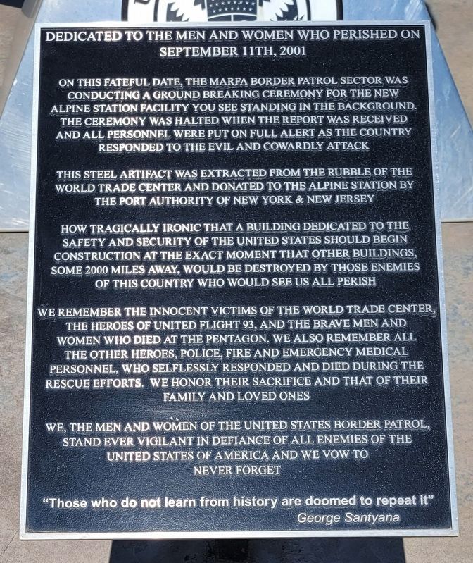Dedicated to the men and women who perished on September 11th, 2001 Marker. Click for full size. Dedicated to the men and women who perished on September 11th, 2001 Marker image. Click for full size.