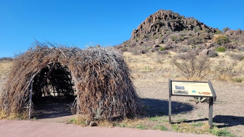 The Food & Shelter Marker and a wickiup hut. Click for full size. The Food & Shelter Marker and a wickiup hut image. Click for full size.
