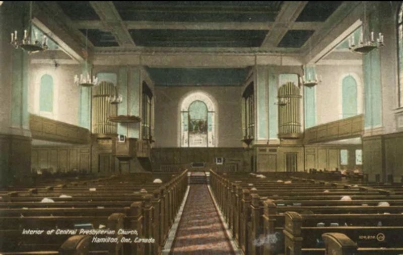 Central Presbyterian Church early post card of the interior image. Click for full size.