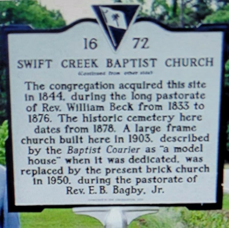Swift Creek Baptist Church Marker Reverse. Click for full size. Swift Creek Baptist Church Marker Reverse image. Click for full size.