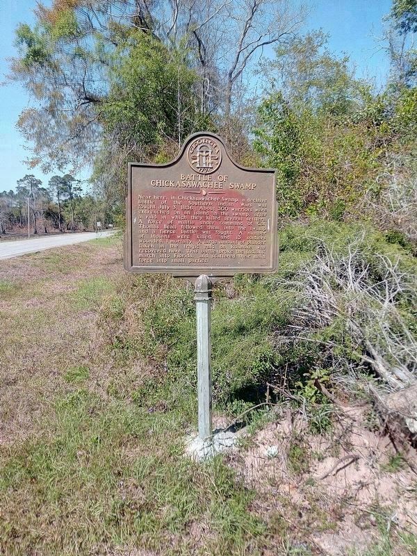 Battle of Chickasawachee Swamp Marker. Click for full size. Battle of Chickasawachee Swamp Marker image. Click for full size.