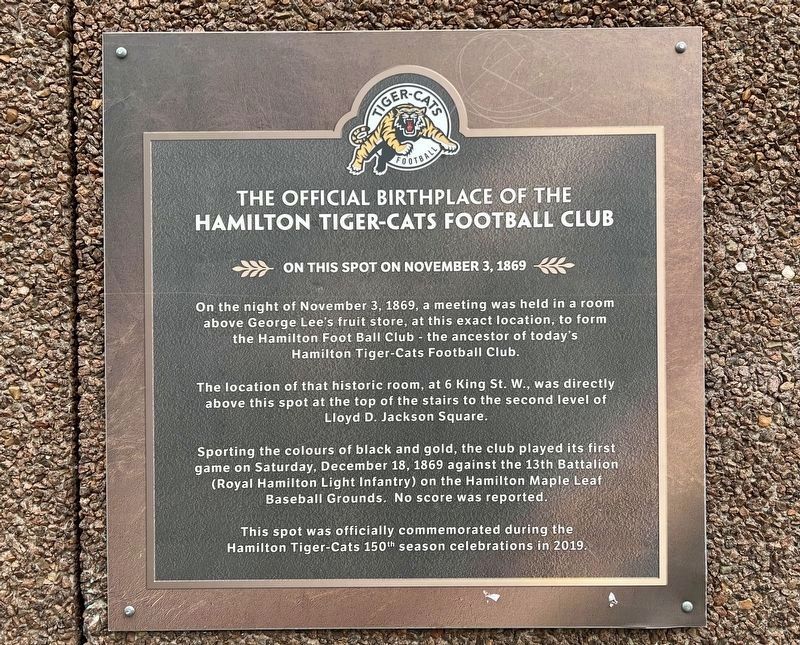 The Official Birthplace of the Hamilton Tiger-Cats Football Club Marker image. Click for full size.