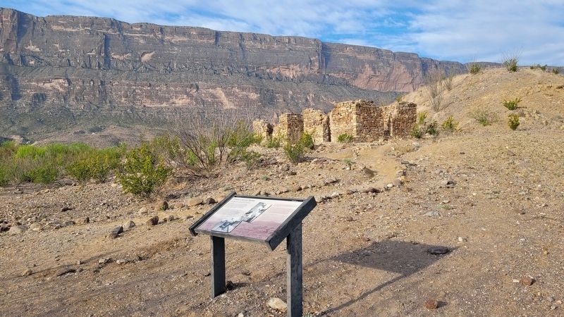 The view of the Grand Canyon Farms Marker, ruins and the Santa Elena Canyon image. Click for full size.