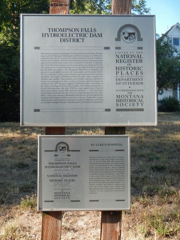 Thompson Falls Hydroelectric Dam District/St. Luke's Hospital Marker image. Click for full size.