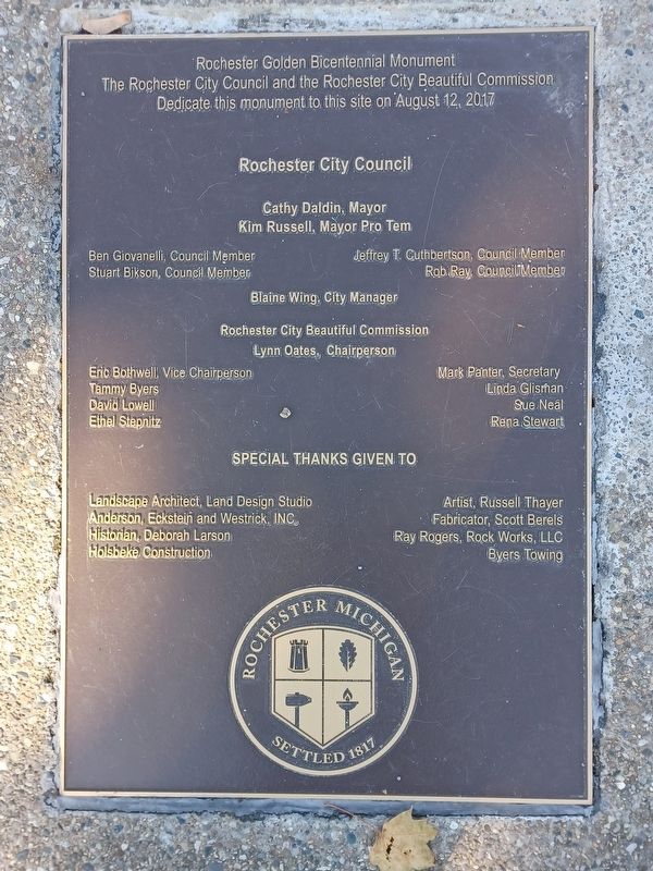 Rochester Golden Bicentennial Monument plaque. Click for full size. Rochester Golden Bicentennial Monument plaque image. Click for full size.