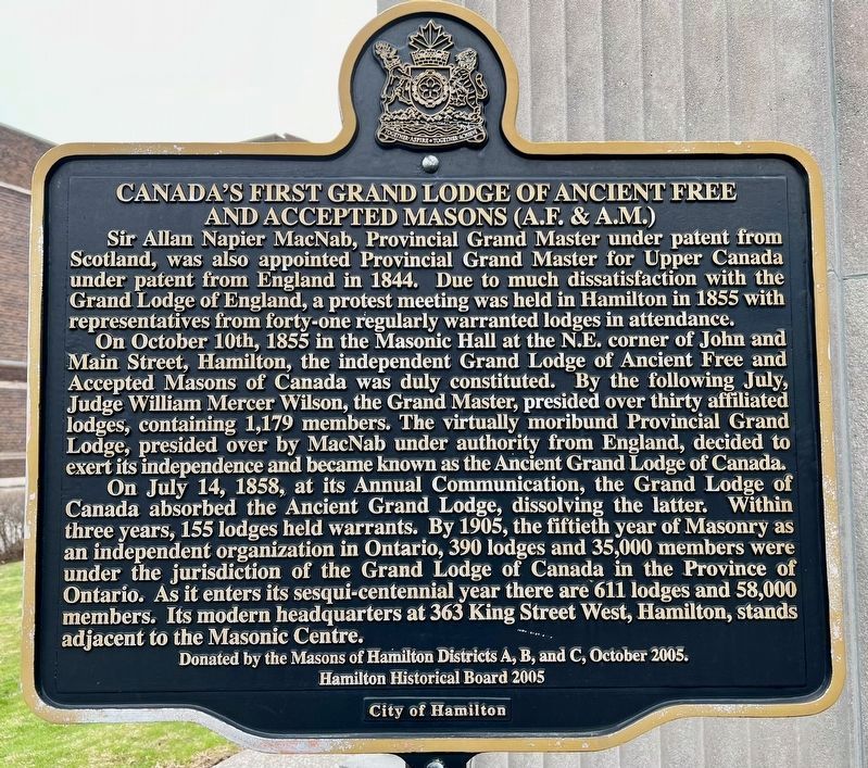 Canadas First Grand Lodge of Ancient Free and Accepted Masons (A.F. & A.M.) Marker image. Click for full size.