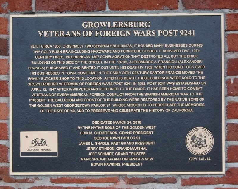 Growlersburg Veterans of Foreign Wars Post 9241 Marker. Click for full size. Growlersburg Veterans of Foreign Wars Post 9241 Marker image. Click for full size.