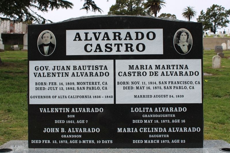 Governor Juan Bautista Valentin Alvarado & Maria Martina Castro de Alvarado Headstone image, Touch for more information