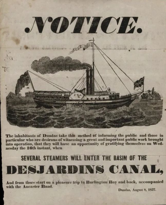 Advertisement for the opening of the Desjardins Canal, 1837 image. Click for full size.