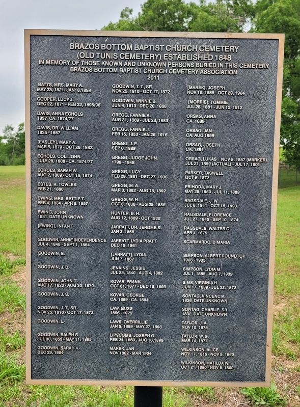 Additional Marker with the names of the buried at Brazos Bottom Baptist Church Cemetery. Click for full size. Additional Marker with the names of the buried at Brazos Bottom Baptist Church Cemetery image. Click for full size.