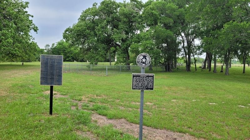 The Brazos Bottom Baptist Church Cemetery Marker in front of the cemetery image. Click for full size.