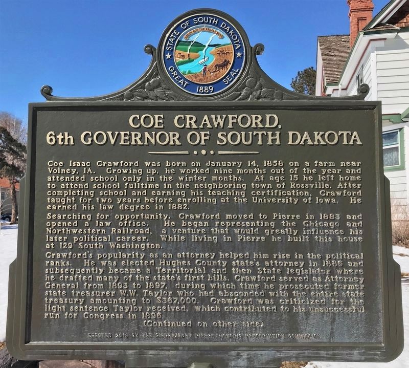 Coe Crawford, 6th Governor of South Dakota Marker, Side One image. Click for full size.