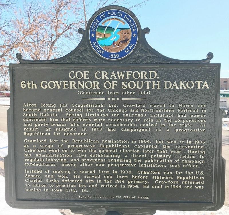 Coe Crawford, 6th Governor of South Dakota Marker, Side Two image. Click for full size.