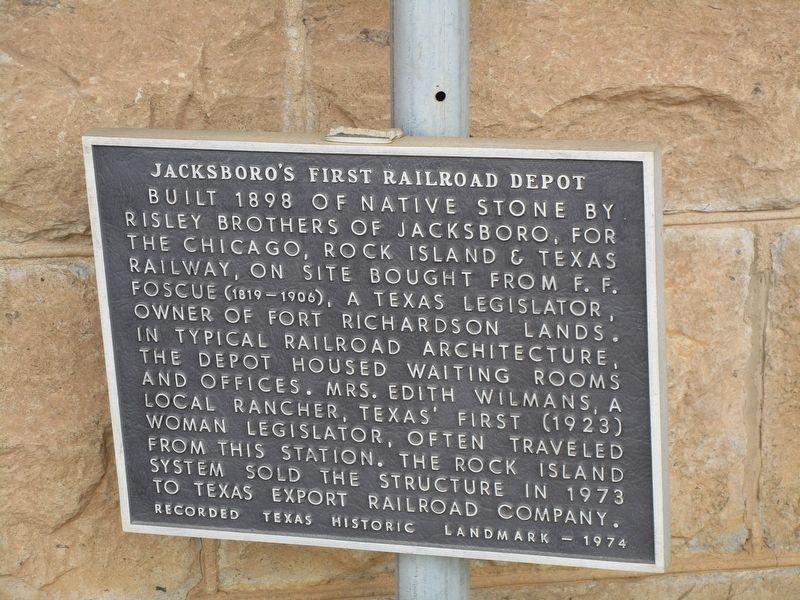 Jacksboro's First Railroad Depot Marker. Click for full size. Jacksboro's First Railroad Depot Marker image. Click for full size.