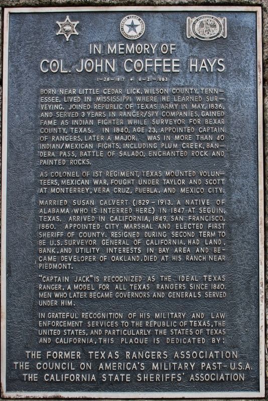 In Memory of Col. John Coffee Hays Marker image. Click for full size.