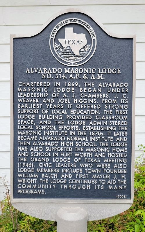 Alvarado Masonic Lodge No. 314, A.F. & A.M. Marker image. Click for full size.