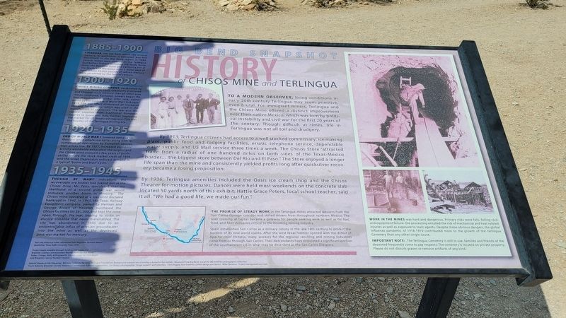 Chisos Mine and Terlingua Marker. Click for full size. Chisos Mine and Terlingua Marker image. Click for full size.