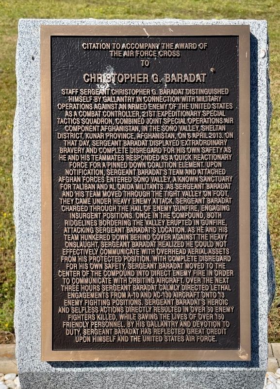 Award of Air Force Cross to Christopher G. Baradat Marker image. Click for full size.