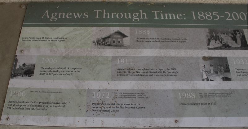 Agnews Tthrough Time: 1885-2003 Marker. Click for full size. Agnews Tthrough Time: 1885-2003 Marker image. Click for full size.