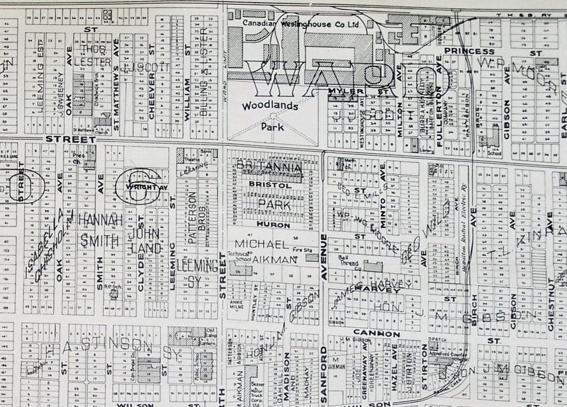 Woodlands Park and Canadian Westinghouse buildings on a 1924 City of Hamilton map.. Click for full size. Woodlands Park and Canadian Westinghouse buildings on a 1924 City of Hamilton map. image. Click for full size.