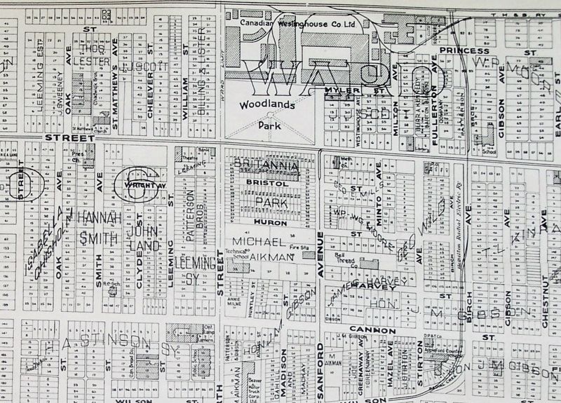 Woodlands Park and Canadian Westinghouse buildings on a 1924 City of Hamilton map. image. Click for full size.