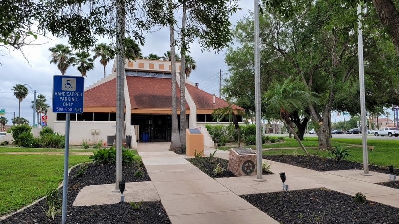The Cameron County Marker at the entrance to the Brownsville Convention & Visitors Bureau. Click for full size. The Cameron County Marker at the entrance to the Brownsville Convention & Visitors Bureau image. Click for full size.