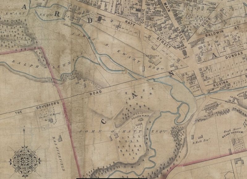 The area of Dundas Mills in 1851 on the Marcus Smith map of the Town of Dundas. image. Click for full size.