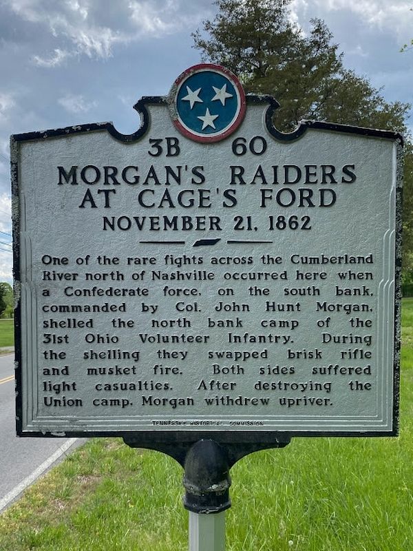 Morgan's Raiders at Cage's Ford Marker. Click for full size. Morgan's Raiders at Cage's Ford Marker image. Click for full size.