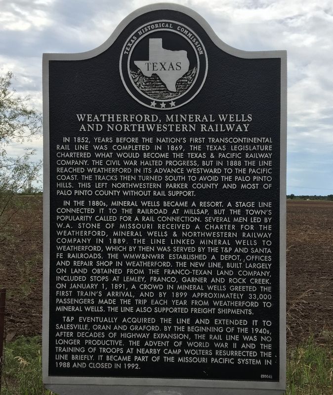 Weatherford, Mineral Wells and Northwestern Railway Marker. Click for full size. Weatherford, Mineral Wells and Northwestern Railway Marker image. Click for full size.