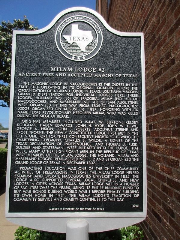 Milam Lodge #2, Ancient Free and Accepted Masons of Texas Marker. Click for full size. Milam Lodge #2, Ancient Free and Accepted Masons of Texas Marker image. Click for full size.