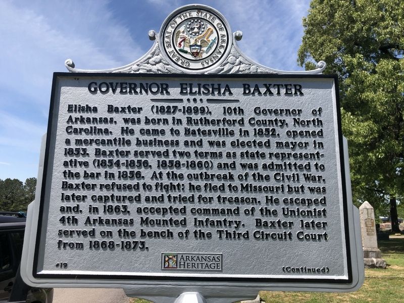 Governor Elisha Baxter Marker, Side One image. Click for full size.