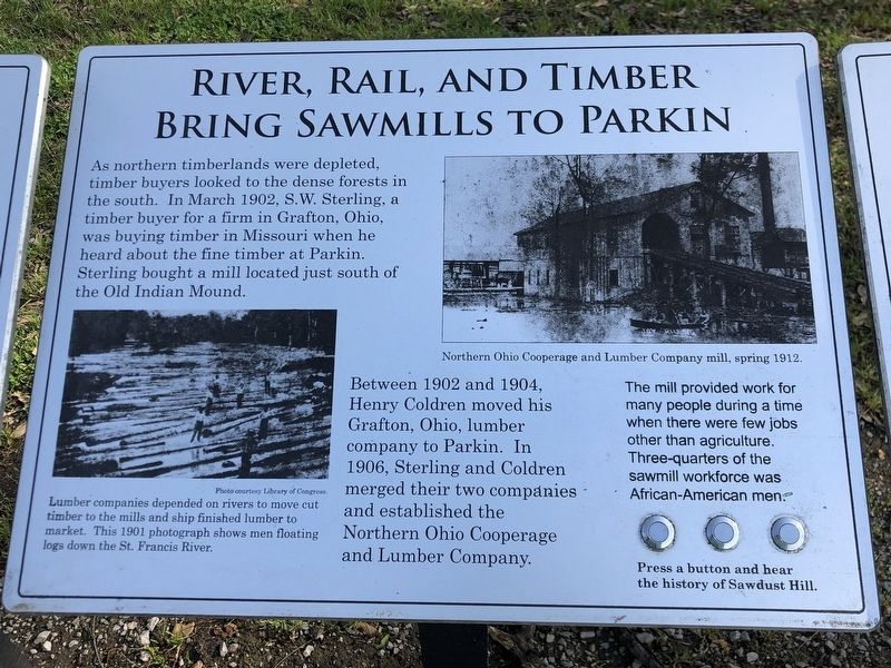 River, Rail, and Timber Bring Sawmills to Parkin Marker image. Click for full size.