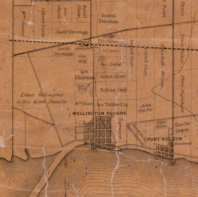 Wellington Square (later Burlington) in 1858 on Treamines Map of Halton County. image. Click for full size.
