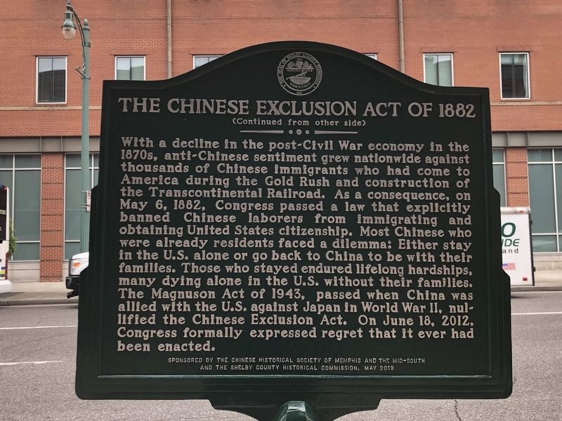 The Chinese Exclusion Act of 1882 side of marker image. Click for full size.