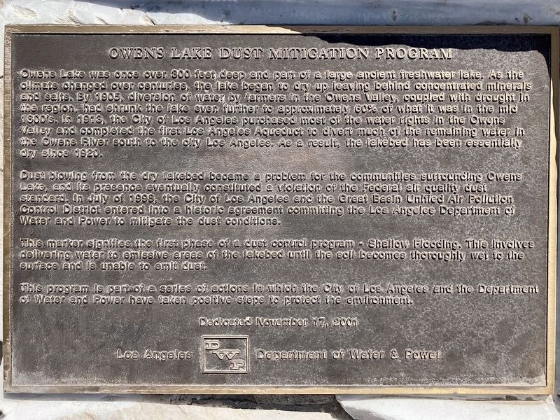 Owens Lake Dust Mitigation Program Marker. Click for full size. Owens Lake Dust Mitigation Program Marker image. Click for full size.