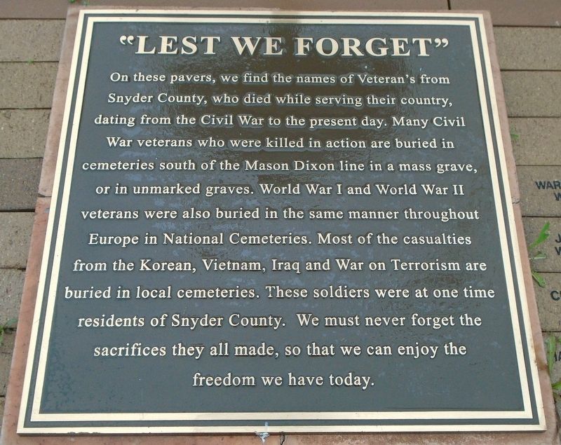 Snyder County Veterans Memorial "Lest We Forget" image. Click for full size.